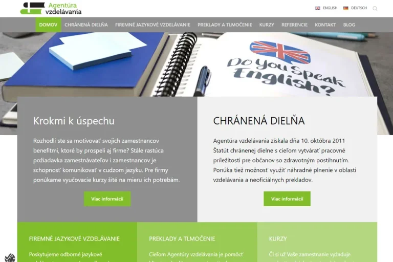 Agentúra vzdelavania je vybavená rýchlou responzívnou témou od tých najlepších vývojárov. Web stránka vo WordPress obsahuje portfólio služieb a prezentáciu spoločnosti.
