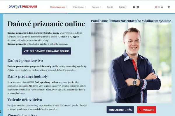Daňové priznanie online. V projekte sme navrhli rýchlu tému, vytvorili logo a zladili dizajn na vopred dohodnuté farby. Obsah web stránky je kompletne optimalizovaný pre vyhľadávače.