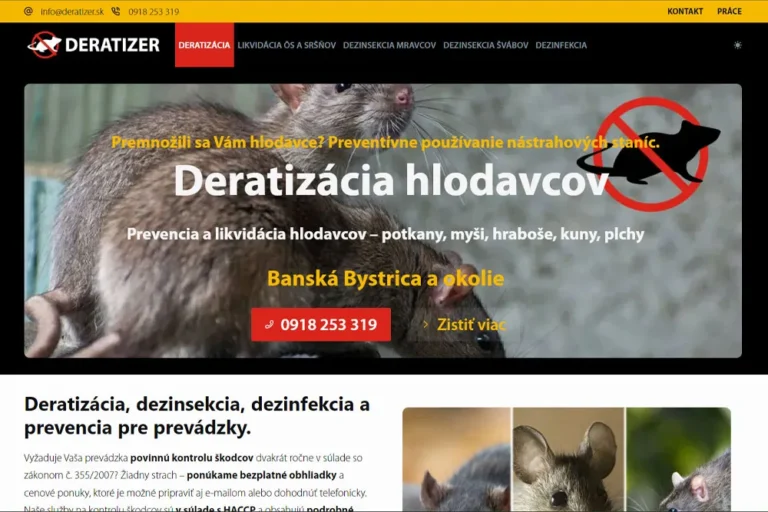 Deratizer.sk je vybavená rýchlou responzívnou témou od tých najlepších vývojárov. Jednoduchá One Page stránka obsahuje portfólio služieb a prezentáciu spoločnosti.