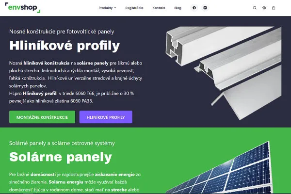 Komplexný eshop na mieru. Spoločnosť Envshop.sk, ktorá sa zaoberá distribúciou a predajom nosných konštrukcií fotovoltaických panelov, hliníkových profilov a príslušenstva pre fotovoltaiku. Konštrukcie pre fotovoltaiku