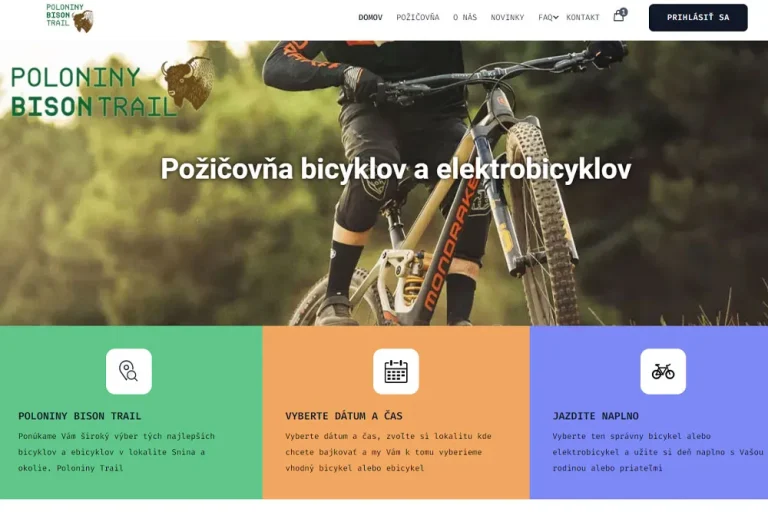 Požičovňa bicyklov a ebicyklov Poloniny Bison Trail Snina je vybavená rýchlou responzívnou témou od tých najlepších vývojárov. Systém na požičovňu bicyklov, ebicyklov na mieru (woocommerce, platobné metódy, fakturácia).