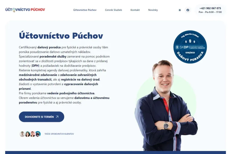 UctovnictvoPuchov.sk je vybavená rýchlou responzívnou témou od tých najlepších vývojárov. Jednoduchá One Page stránka obsahuje portfólio služieb a prezentáciu spoločnosti.