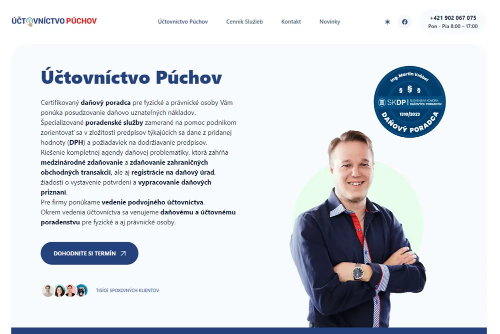 UctovnictvoPuchov.sk je vybavená rýchlou responzívnou témou od tých najlepších vývojárov. Jednoduchá One Page stránka obsahuje portfólio služieb a prezentáciu spoločnosti.