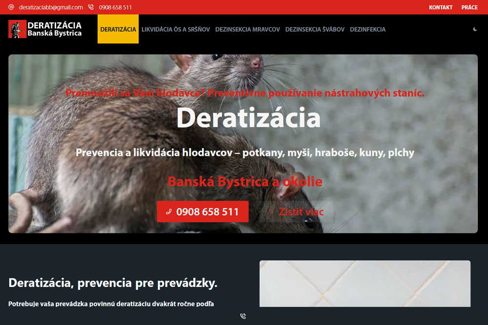 Deratizácia Banská Bystrica. Deratizaciabb.sk - Deratizácia, Dezinsekcia dezinfekcia Banská Bystrica a okolie. Jednoduchá One Page stránka obsahuje portfólio služieb a prezentáciu spoločnosti. Tvorba web stránky vo WordPress.