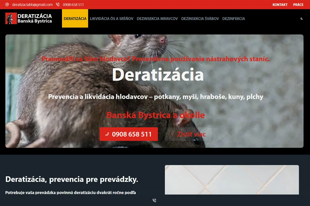 Deratizácia Banská Bystrica. Deratizaciabb.sk - Deratizácia, Dezinsekcia dezinfekcia Banská Bystrica a okolie. Jednoduchá One Page stránka obsahuje portfólio služieb a prezentáciu spoločnosti. Tvorba web stránky vo WordPress.