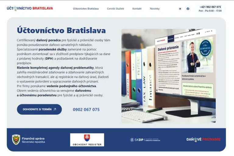 Účtovníctvo Bratislava. Tvorba web stránky vo WordPress. Daňové poradenstvo, Vedenie účtovníctva, Mzdy a personalistika, Daňové priznanie FO – Portfólio služieb Uctovnictvobratislavaonline.sk je vybavená rýchlou responzívnou témou od tých najlepších vývojárov. Jednoduchá One Page stránka obsahuje portfólio služieb a prezentáciu spoločnosti. Web stránka je plne zabezpečená proti útokom kvalitným firewallom. Na web stránke je kontaktný formulár na rezerváciu termínu. Na stránke je optimalizovaný grafický a textový obsah. SEO optimalizácia, obsahový marketing a správny výber kľúčových slov zabezpečí posun domény na najvyššie miesta vo vyhľadávači.
