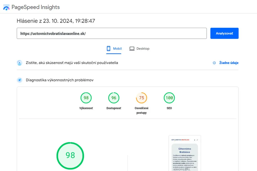 Účtovníctvo Bratislava. Tvorba web stránky vo WordPress. Uctovnictobratislavaonline.sk – Daňové poradenstvo, Vedenie účtovníctva, Mzdy a personalistika, Daňové priznanie FO – Portfólio služieb Uctovnictvobratislavaonline.sk je vybavená rýchlou responzívnou témou od tých najlepších vývojárov. Jednoduchá One Page stránka obsahuje portfólio služieb a prezentáciu spoločnosti. Web stránka je plne zabezpečená proti útokom kvalitným firewallom. Na web stránke je kontaktný formulár na rezerváciu termínu. Na stránke je optimalizovaný grafický a textový obsah. SEO optimalizácia, obsahový marketing a správny výber kľúčových slov zabezpečí posun domény na najvyššie miesta vo vyhľadávači. Page score mobil