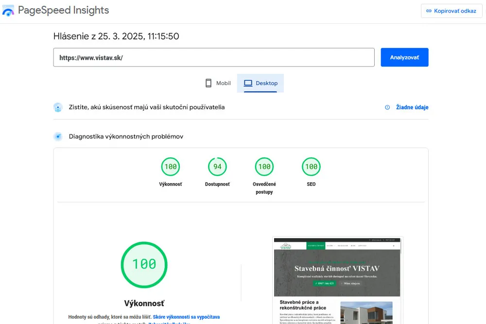 Stavebná firma VISTAV. Tvorba web stránky vo WordPress. Vistav.sk - prezentácia spoločnosti a ponuka služieb v oblasti stavebníctva. Web stránka Vistav.sk obsahuje rýchlu, responzívnu tému vyvinutú špičkovými vývojármi. Komplexná webová stránka spoločnosti obsahuje portfólio služieb spoločnosti. Stránka je plne zabezpečená proti útokom kvalitným firewallom. Optimalizácia obsahu bola implementovaná na zabezpečenie rýchleho načítania web stránky. Grafický aj textový obsah webstránky bol upravený a optimalizovaný. SEO optimalizácia, obsahový marketing a správny výber kľúčových slov pomôžu zlepšiť pozície webu vo výsledkoch vyhľadávačov. Pagescore desktop