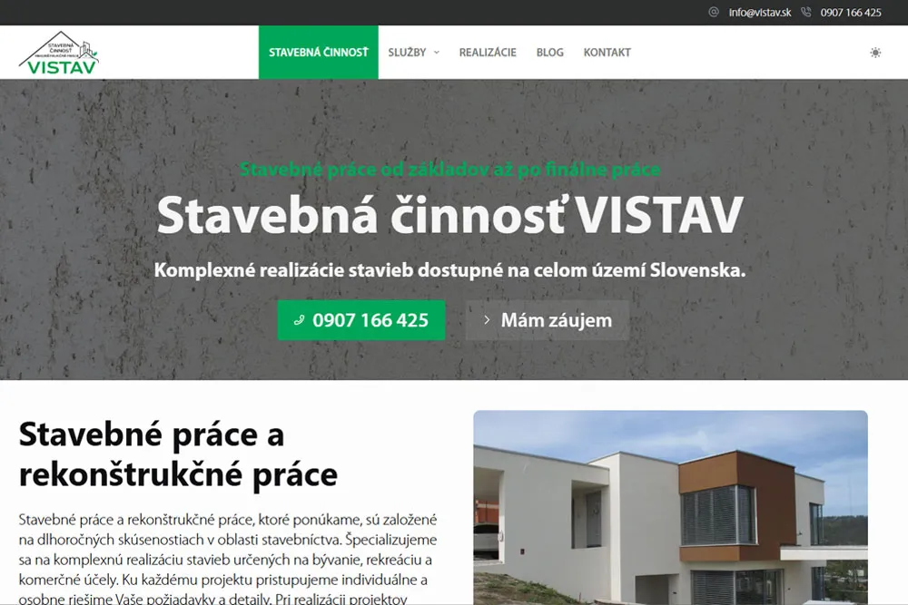 Stavebná firma VISTAV. Tvorba web stránky vo WordPress. Vistav.sk - prezentácia spoločnosti a ponuka služieb v oblasti stavebníctva. Web stránka Vistav.sk obsahuje rýchlu, responzívnu tému vyvinutú špičkovými vývojármi. Komplexná webová stránka spoločnosti obsahuje portfólio služieb spoločnosti. Stránka je plne zabezpečená proti útokom kvalitným firewallom. Optimalizácia obsahu bola implementovaná na zabezpečenie rýchleho načítania web stránky. Grafický aj textový obsah webstránky bol upravený a optimalizovaný. SEO optimalizácia, obsahový marketing a správny výber kľúčových slov pomôžu zlepšiť pozície webu vo výsledkoch vyhľadávačov.