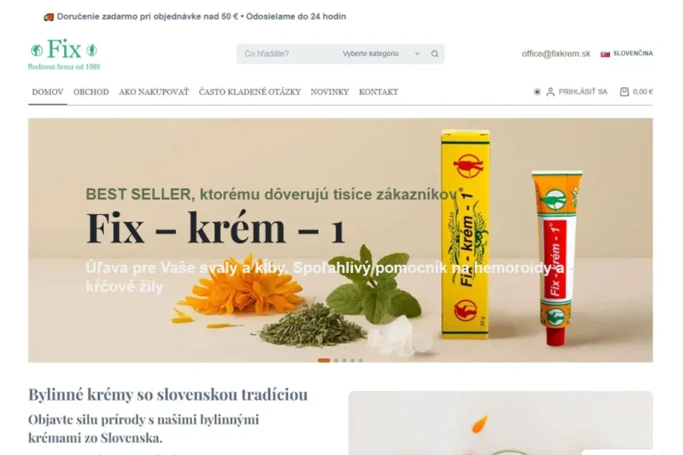 Webstránka fixkrem.sk reprezentuje tradičné slovenské bylinné krémy, vyrábané podľa pôvodných a overených receptúr. Moderný eshop je postavený na rýchlej a responzívnej platforme s osobitou grafikou. Fixkrém - Slovenské bylinné krémy.