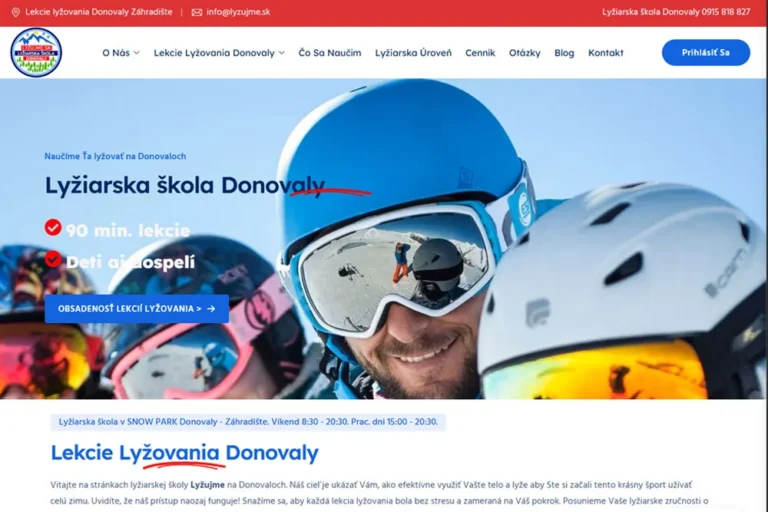 Webová prezentácia lyzujeme.sk pre Lyžiarsku školu Donovaly je postavená na modernom WordPress riešení s dôrazom na vizuálnu stránku a 100 % responzivitu. Vzhľadom na to, že väčšina klientov pristupuje na web z mobilných zariadení priamo v stredisku, bola prioritou optimalizácia pre rýchlosť a výkon. Stránka dosahuje excelentné skóre v Google PageSpeed Insights, čo zaručuje okamžité načítanie obsahu a cenníkov. Bezpečnosť online rezervácií a dát je chránená pokročilým firewallom a bezpečnostnými prvkami. Súčasťou projektu bola aj precízna SEO optimalizácia a úprava obsahu na mieru, vďaka čomu je stránka ľahko dohľadateľná vo vyhľadávačoch (Google, Bing) pre kľúčové frázy spojené s lyžovaním na Donovaloch. Lyžiarska škola pre deti Donovaly Lekcie lyžovania pre deti a dospelých, večerné lyžovania