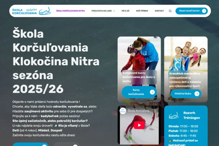 Škola korčuľovania Nitra. Pre Krasoklub mesta Nitra, riadneho člena Slovenského krasokorčuliarskeho zväzu, sme vytvorili reprezentatívnu webovú platformu, ktorá slúži ako centrálny bod pre Školu korčuľovania Klokočina a ďalšie aktivity klubu.
