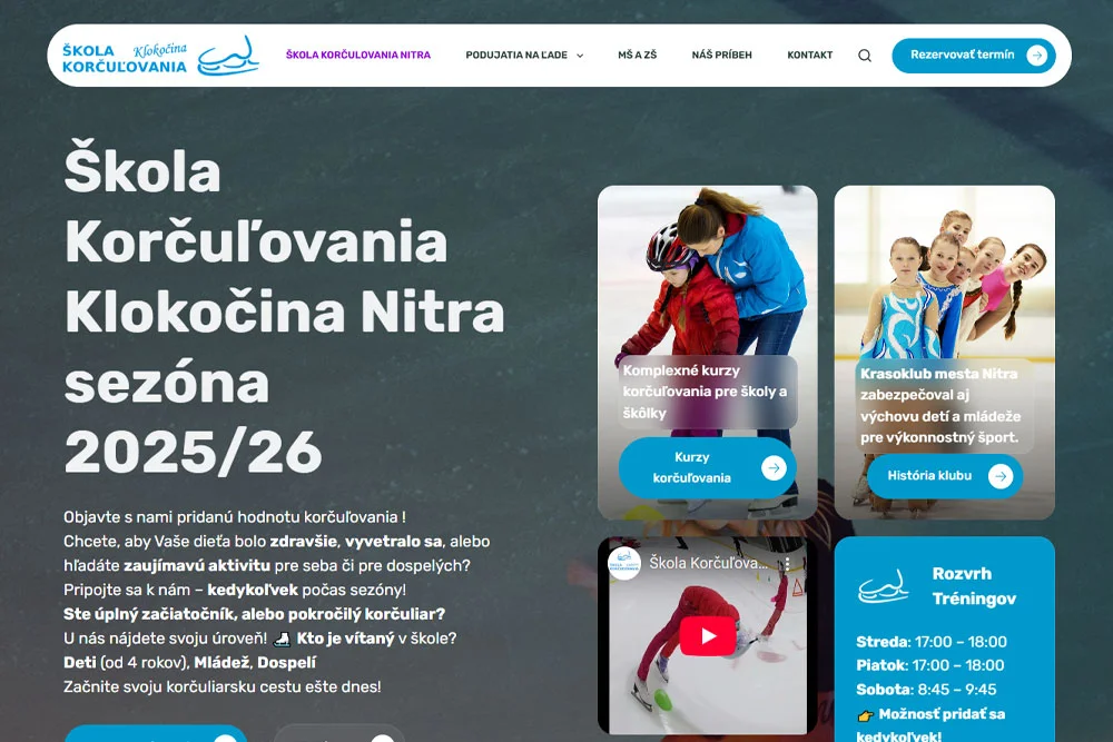 Škola korčuľovania Nitra. Pre Krasoklub mesta Nitra, riadneho člena Slovenského krasokorčuliarskeho zväzu, sme vytvorili reprezentatívnu webovú platformu, ktorá slúži ako centrálny bod pre Školu korčuľovania Klokočina a ďalšie aktivity klubu.